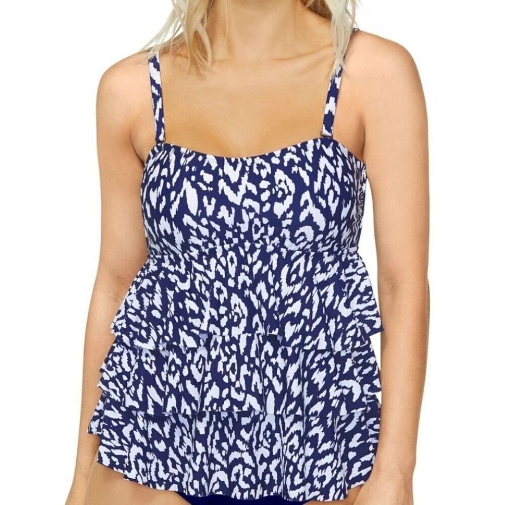 Island Escape Tiered Tankini Waist Minimizer Swim Top Navy Ruffled Womens Size 6